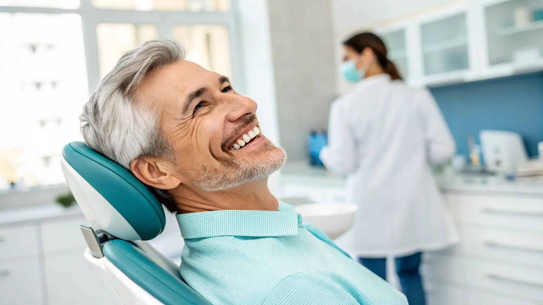 Smiling woman in a dental chair with a dentist in the background, soft focus, professional dental clinic setting.