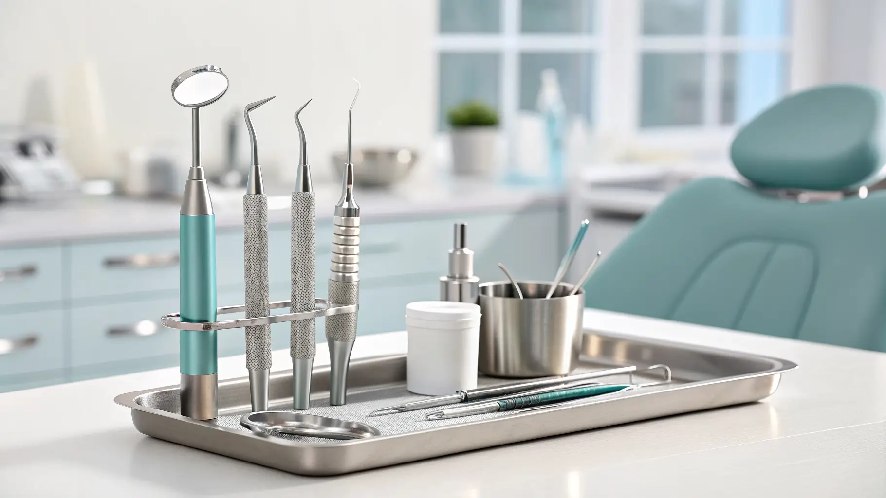 Close-up of modern dental equipment and tools in a clean, professional clinic.